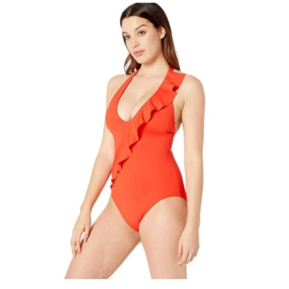 RALPH LAUREN Beach Club Solids Ruffle Halter One-Piece Swimsuit Red 4